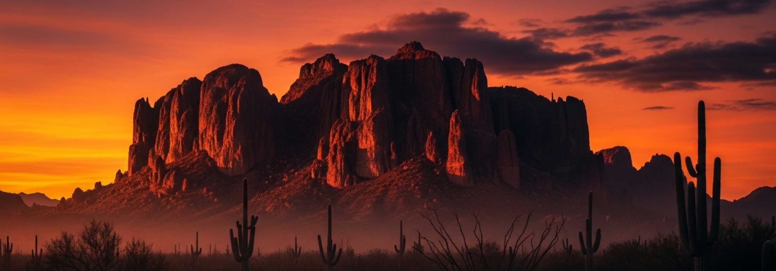 A haunted looking orange/red photo of the Superstition Mountains in Arizona